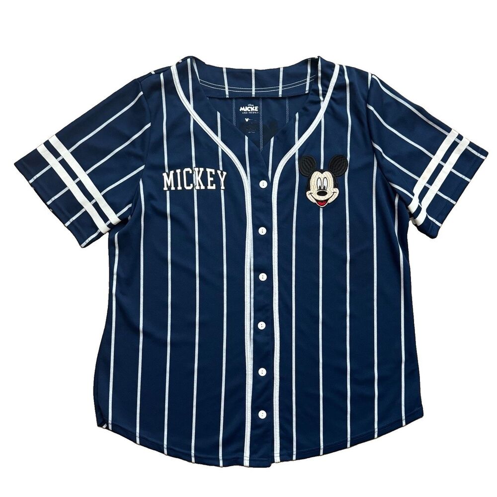Disney Mickey Mouse & Friends Baseball Jersey Blue Pinstripe Button Sz XL Unisex